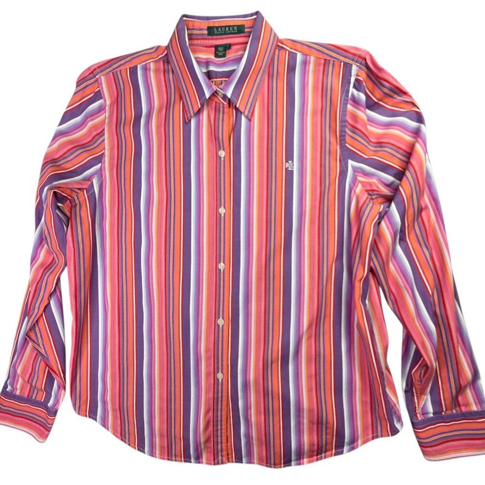 Ralph Lauren Shirt Womens Large Pink Stripe Preppy Office Casual Lightweight